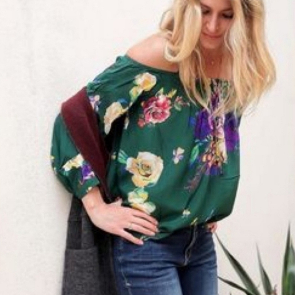 Anthropologie Maeve Tallie Green Floral Silk Open Shoulder Top Size Small
